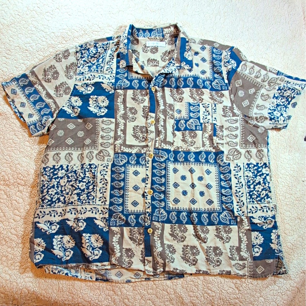 Lucky Brand Men's Shirt XL Blue Bandana Paisley Patchwork Short Sleeve Button Up